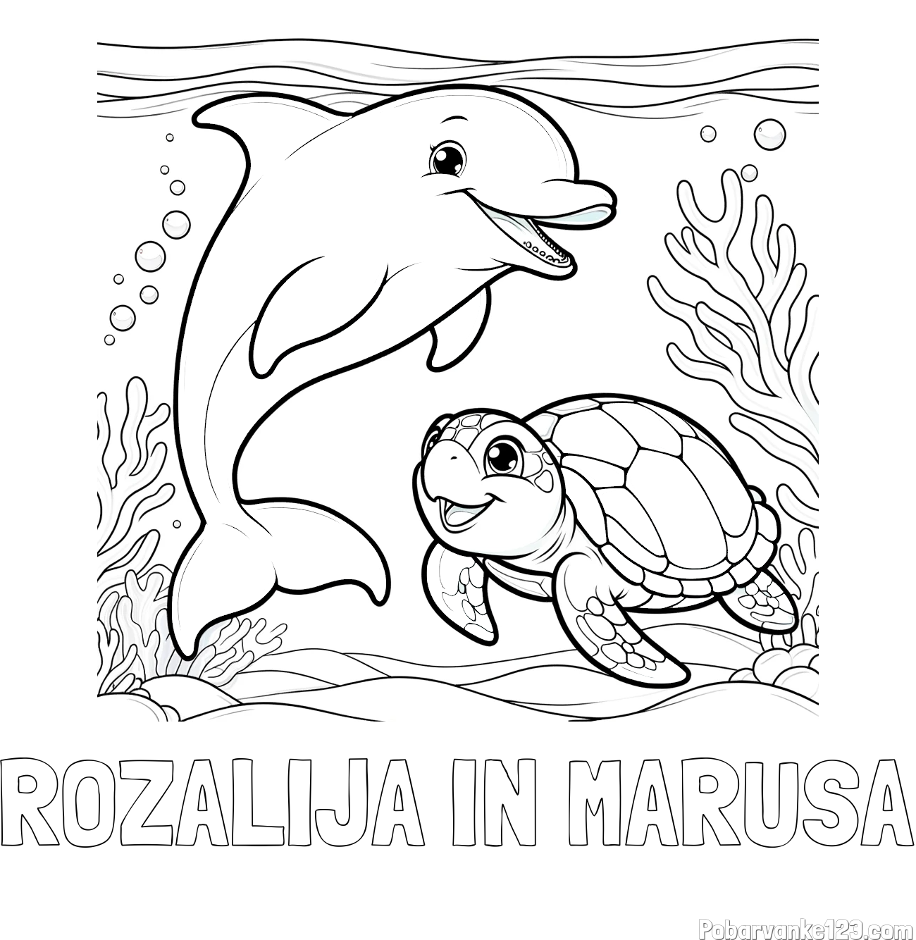 Pobarvanka imena ROZALIJA IN MARUŠA in pobarvanka ljubkega delfina z želvo v morju