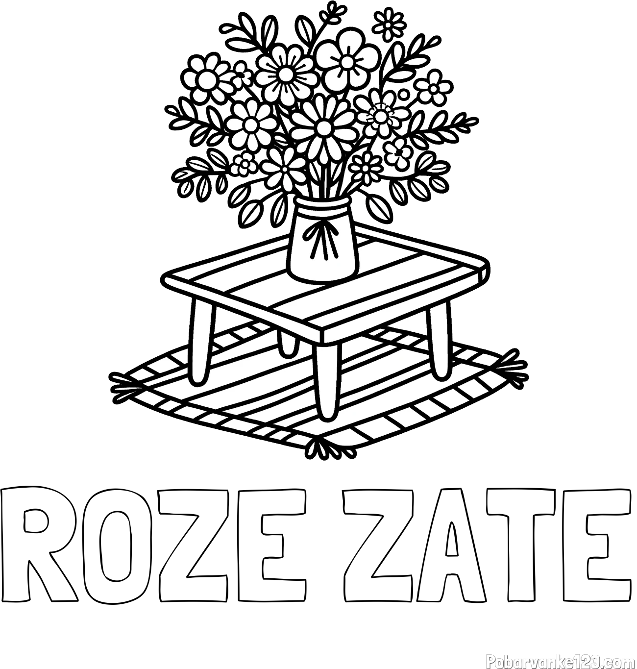 Pobarvanka imena ROŽE ZATE in pobarvanka šopka rož na mizi