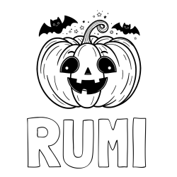 Online izdelana pobarvanka - Pobarvanka imena RUMI in pobarvanka nasmejane buče ter dveh netopirjev za noč čarovnic