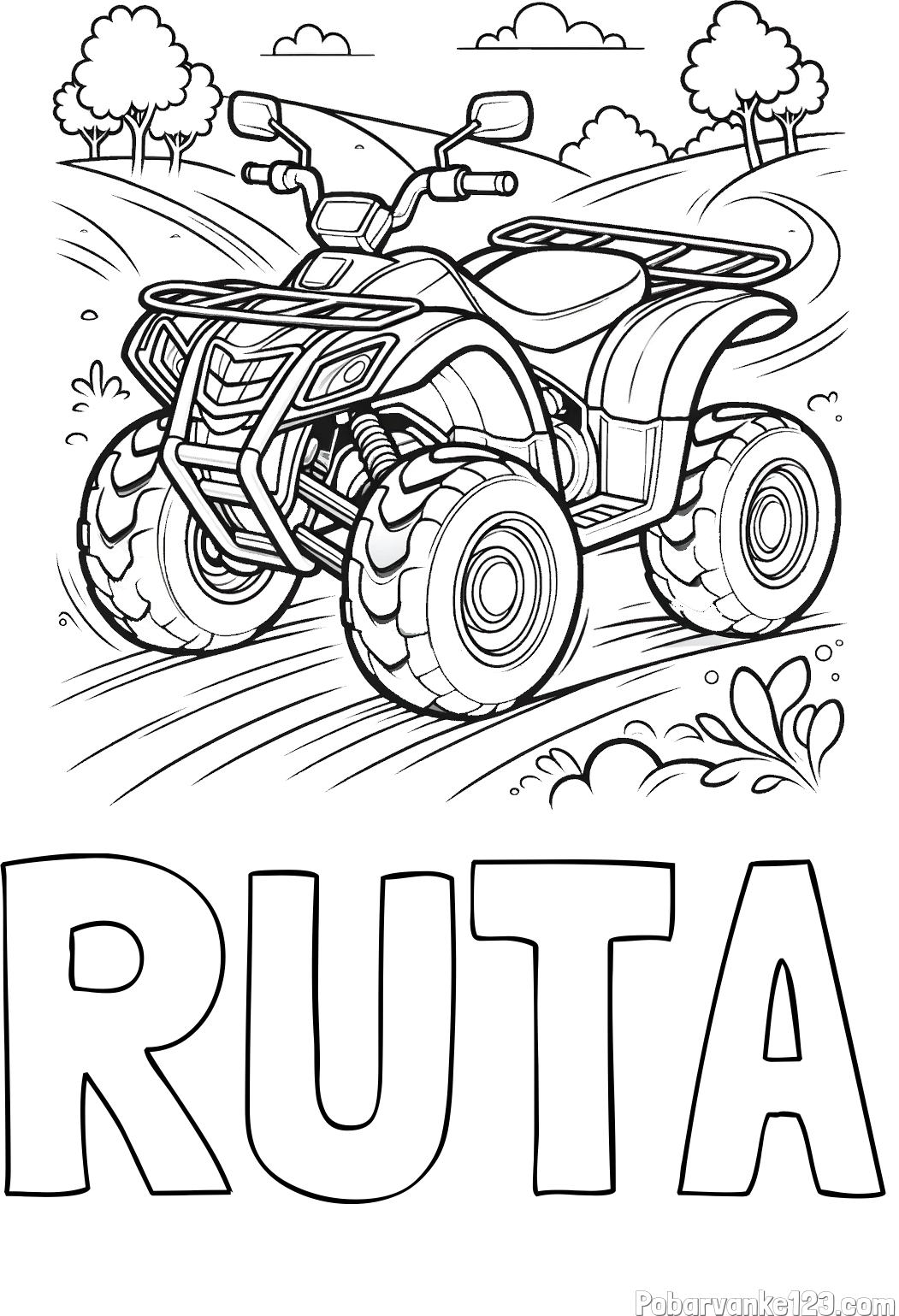 Pobarvanka imena RUTA in pobarvanka štirikolesnika na cesti