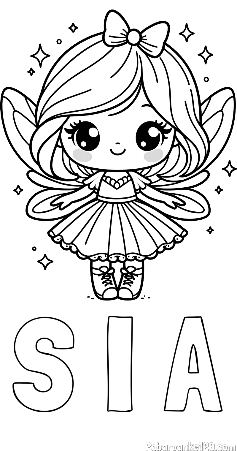 Pobarvanka imena S I A in pobarvanka čarobne vile z ljubkim obrazom