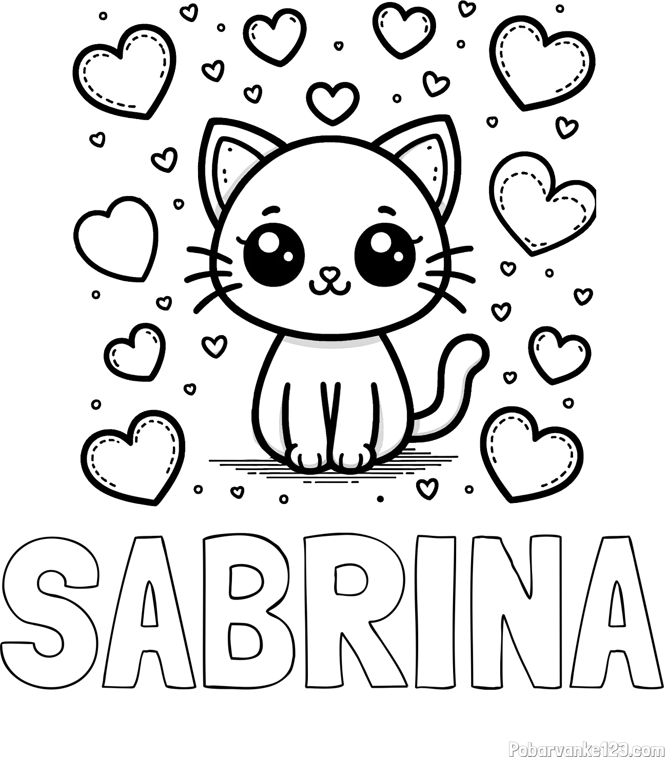 Pobarvanka imena SABRINA in pobarvanka ljubke mucke obdane z veliko srčki