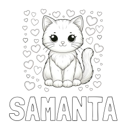Online izdelana pobarvanka - Pobarvanka imena SAMANTA in pobarvanka ljubke mucke obdane s srčki