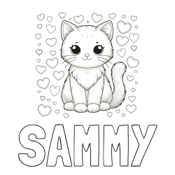 Online izdelana pobarvanka - Pobarvanka imena SAMMY in pobarvanka ljubke mucke obdane s srčki