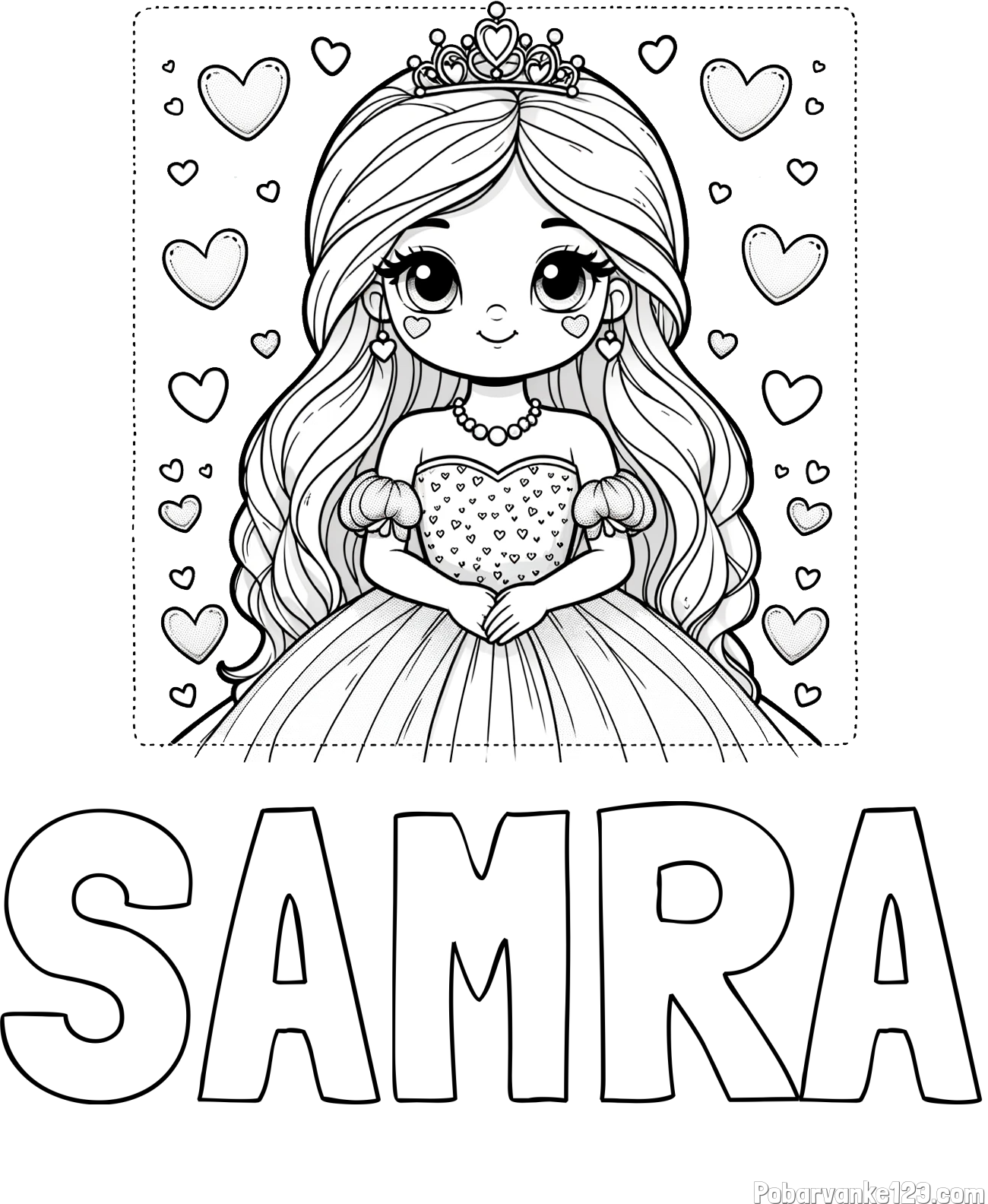 Pobarvanka imena SAMRA in pobarvanka ljubke princese obdane s srčki