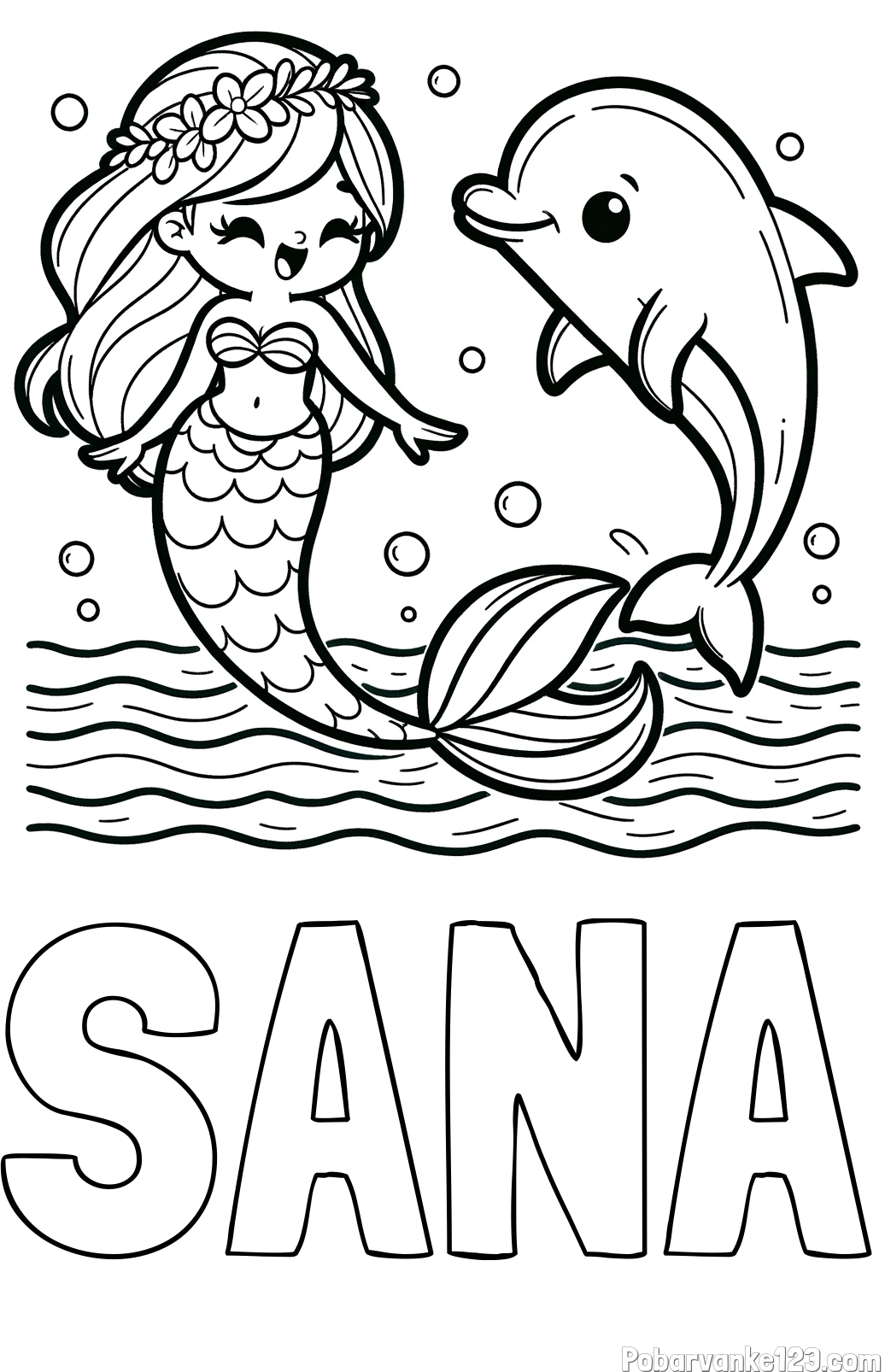 Pobarvanka imena ŠANA in pobarvanka ljubke morske deklice, ki pleše z delfinom