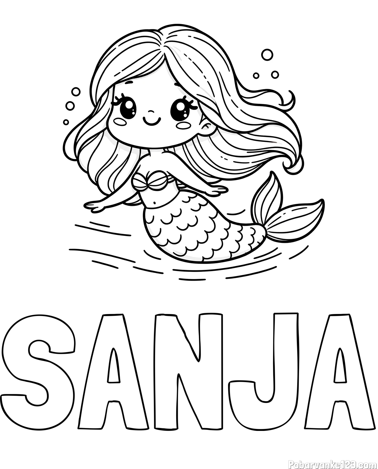 Pobarvanka imena SANJA in pobarvanka ljubke morske deklice
