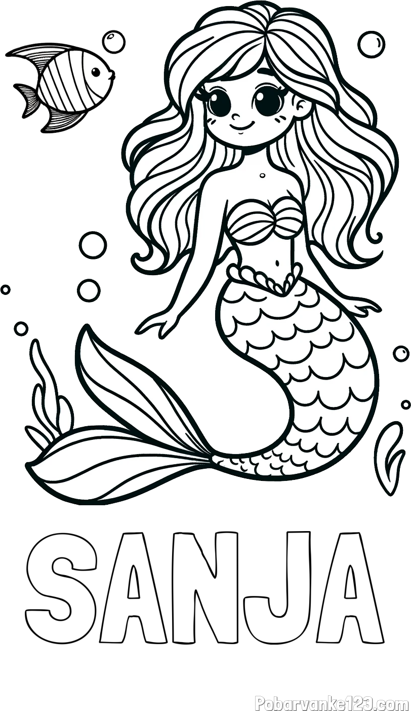Pobarvanka imena SANJA in pobarvanka male morske deklice in ribice