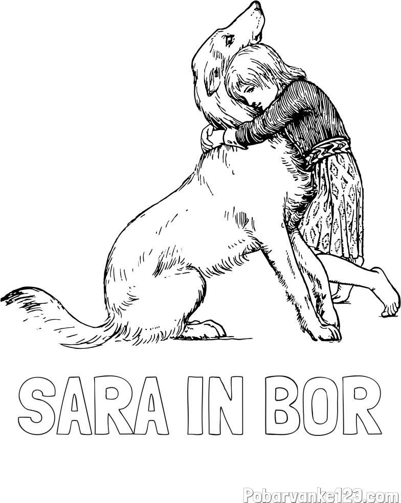 Pobarvanka imena SARA IN BOR in pobarvanka prikupnega kužka, ki ga objema mala deklica