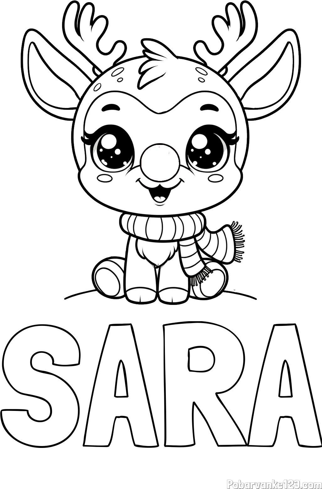 Pobarvanka imena SARA in otroška pobarvanka jelenčka Rudolfa s šalom okoli vratu