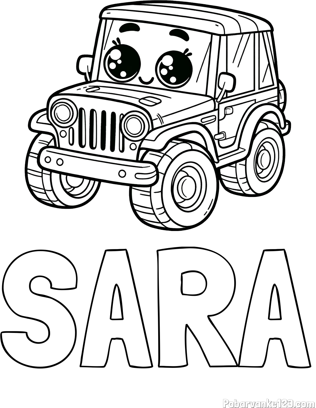 Pobarvanka imena SARA in otroška pobarvanka nasmejanega jeep-a