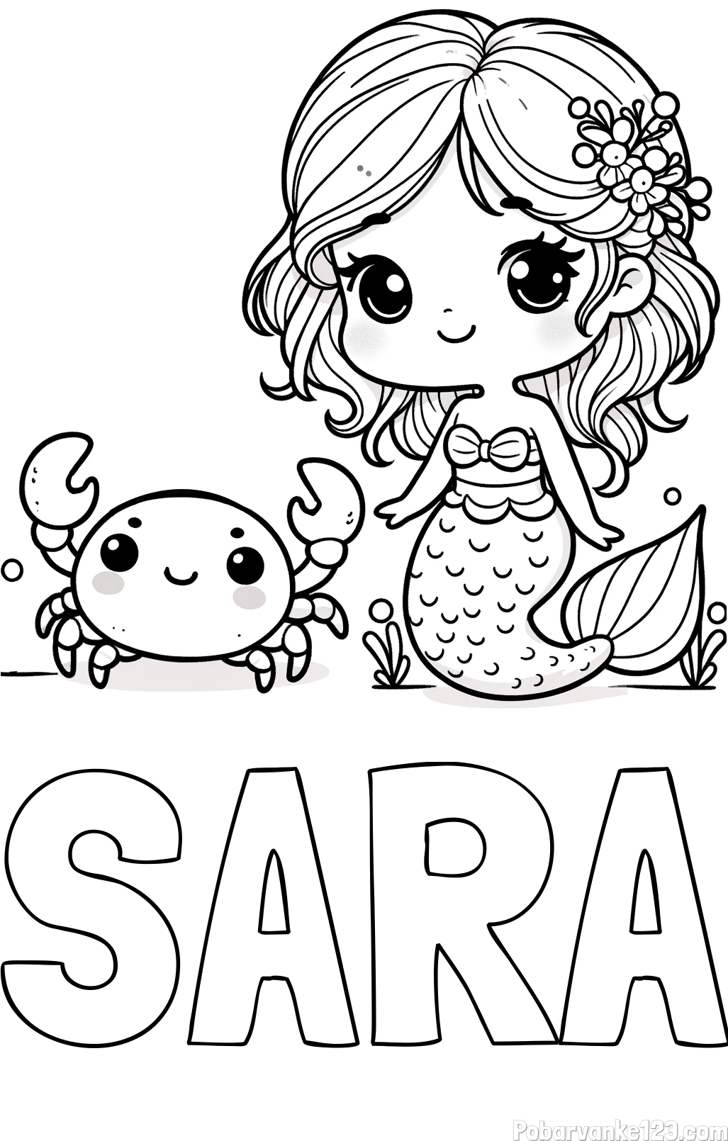 Pobarvanka imena SARA in pobarvanka ljubke morske deklice in veselega raka
