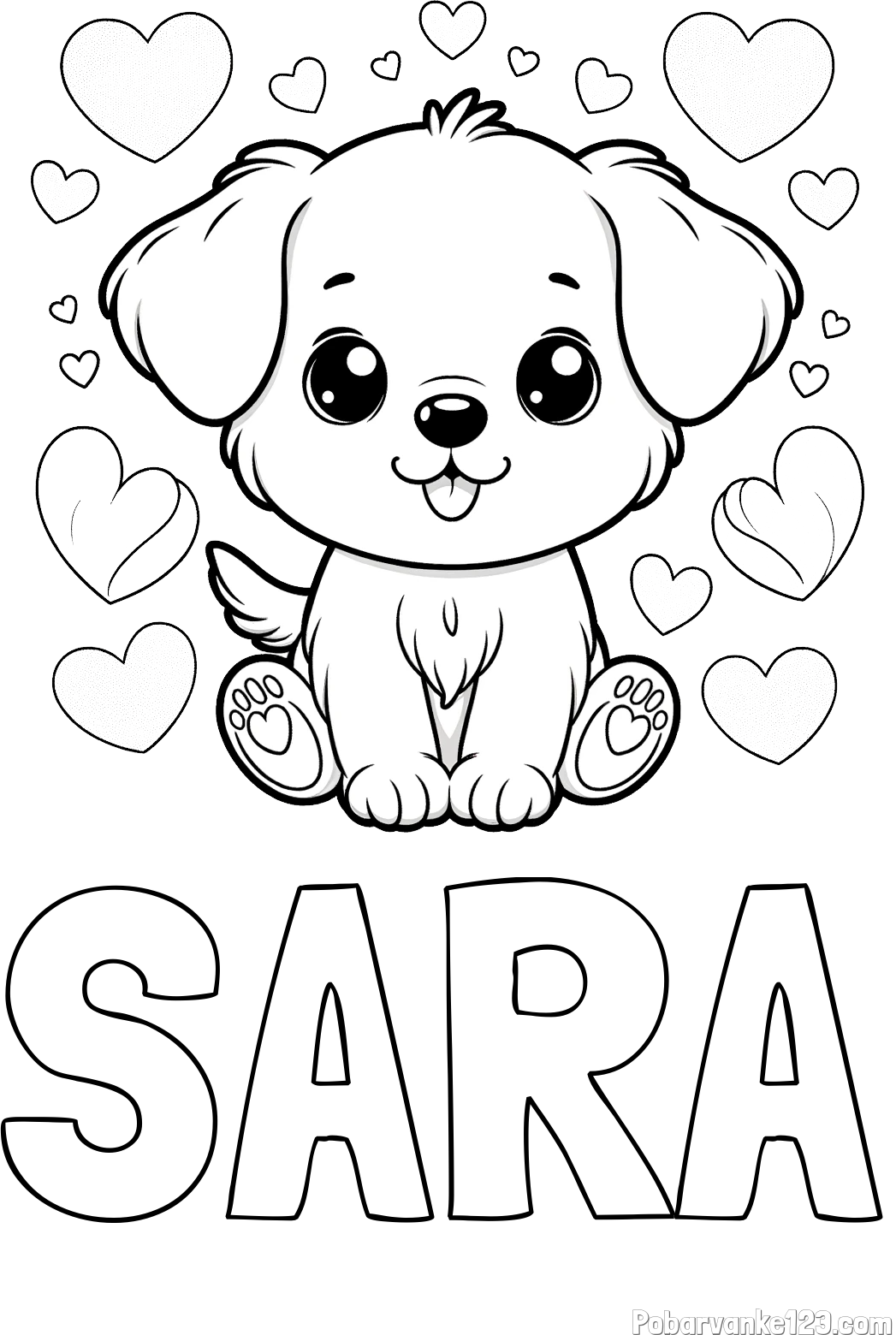 Pobarvanka imena SARA in pobarvanka ljubkega kužka obdanega s srčki