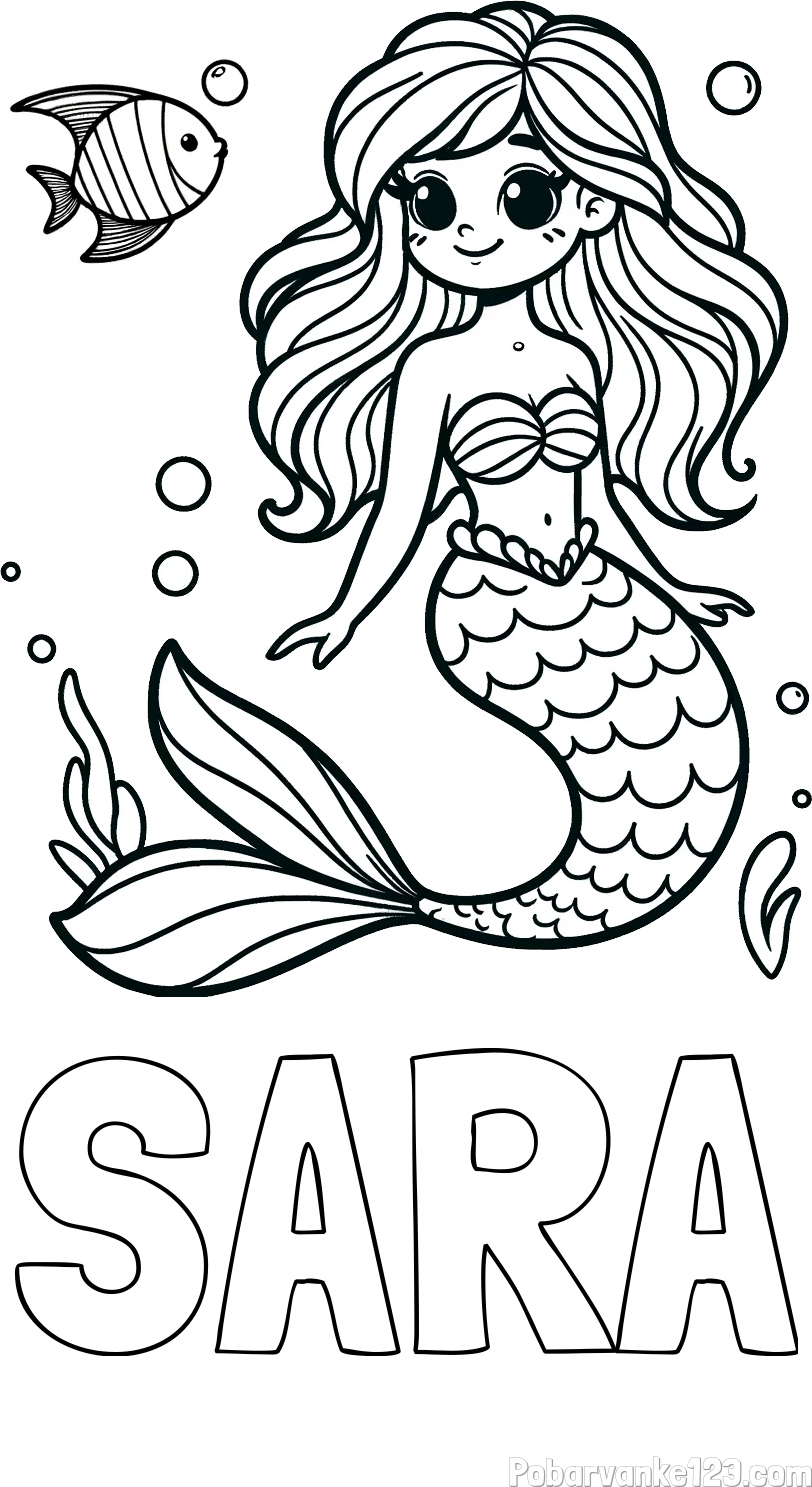 Pobarvanka imena SARA in pobarvanka male morske deklice in ribice