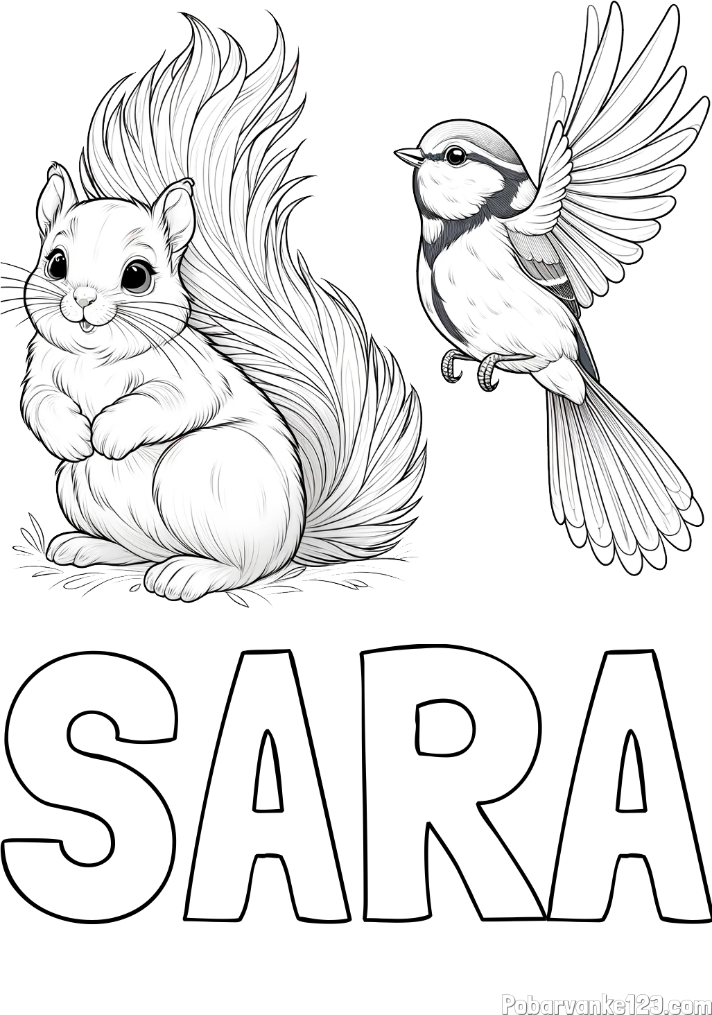 Pobarvanka imena SARA in pobarvanka veverice in ptičke