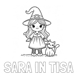 Online izdelana pobarvanka - Pobarvanka imena SARA IN TISA in Čudovita pobarvanka ljubke čarovnice in nasmejane mačke