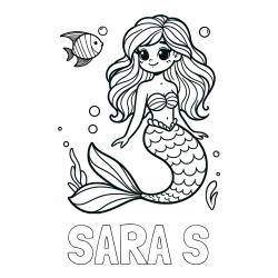 Online izdelana pobarvanka - Pobarvanka imena SARA Š in pobarvanka male morske deklice in ribice