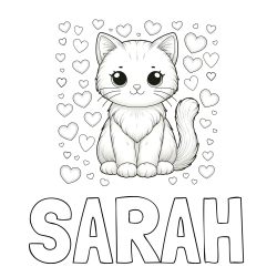 Online izdelana pobarvanka - Pobarvanka imena SARAH in pobarvanka ljubke mucke obdane s srčki