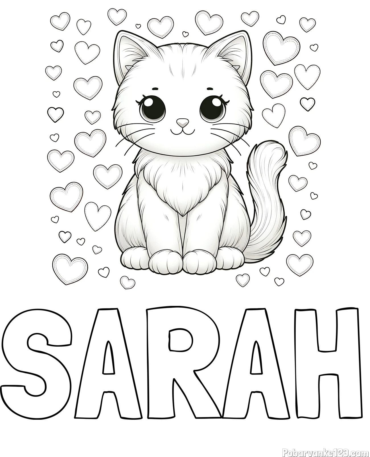 Pobarvanka imena SARAH in pobarvanka ljubke mucke obdane s srčki