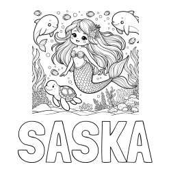 Online izdelana pobarvanka - Pobarvanka imena SAŠKA in pobarvana ljubke morske deklice s prijatelji
