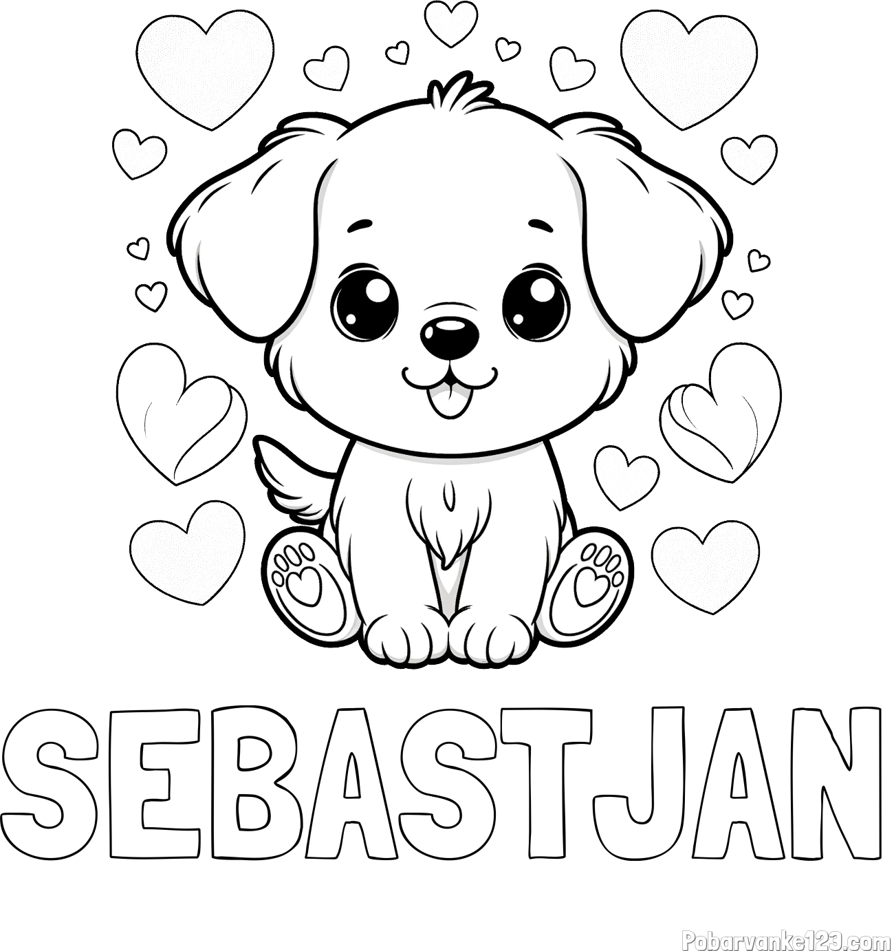 Pobarvanka imena SEBASTJAN in pobarvanka ljubkega kužka obdanega s srčki