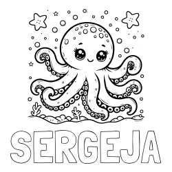 Online izdelana pobarvanka - Pobarvanka imena SERGEJA in pobarvanka hobotnice v morju obdane z morskimi zvezdami