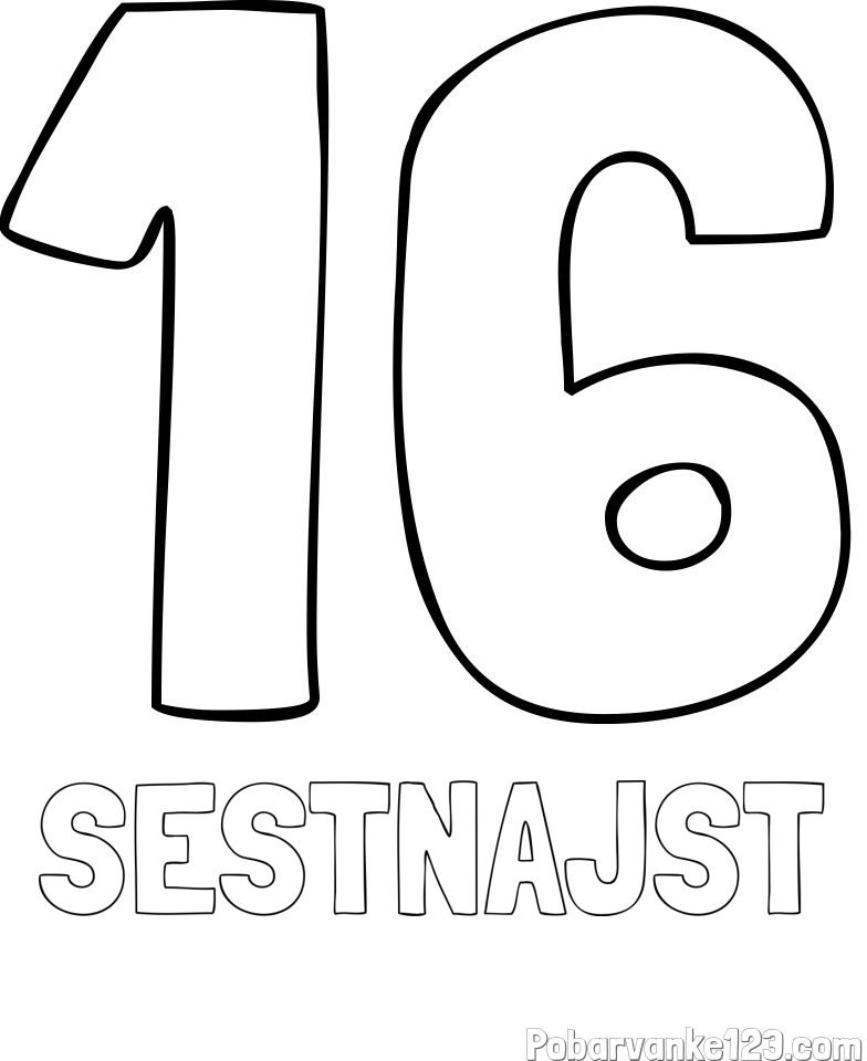 Pobarvanka imena ŠESTNAJST in pobarvanka številke šestnajst (16)