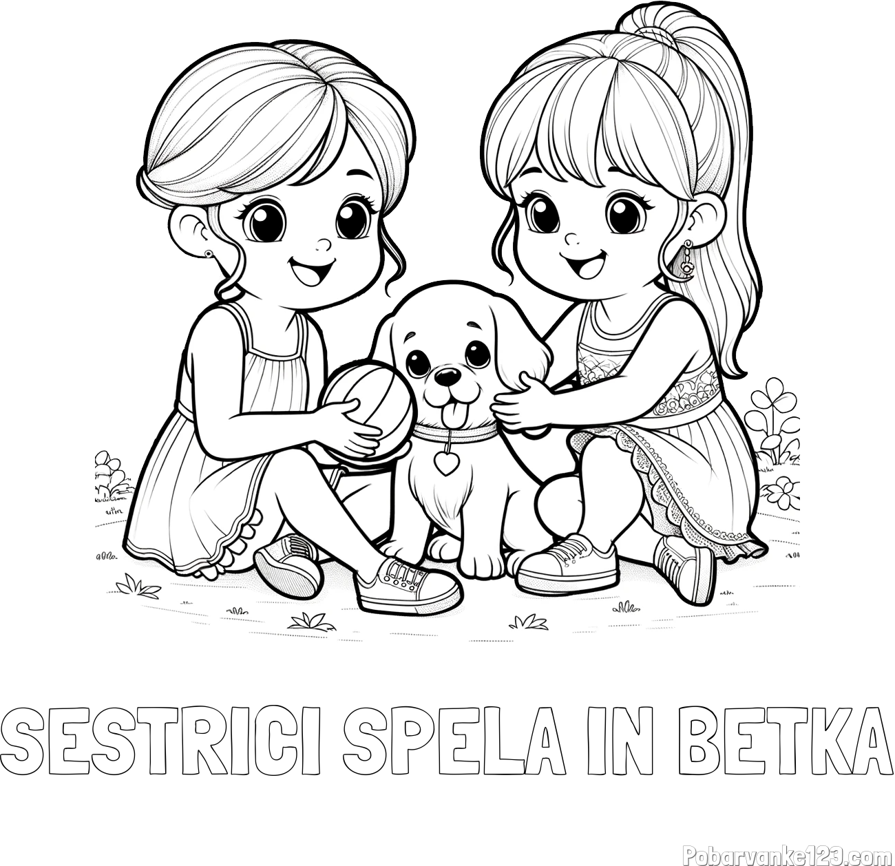 Pobarvanka imena SESTRICI SPELA IN BETKA in pobarvanka prijateljic s kužkom