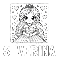 Online izdelana pobarvanka - Pobarvanka imena SEVERINA in pobarvanka ljubke princese obdane s srčki