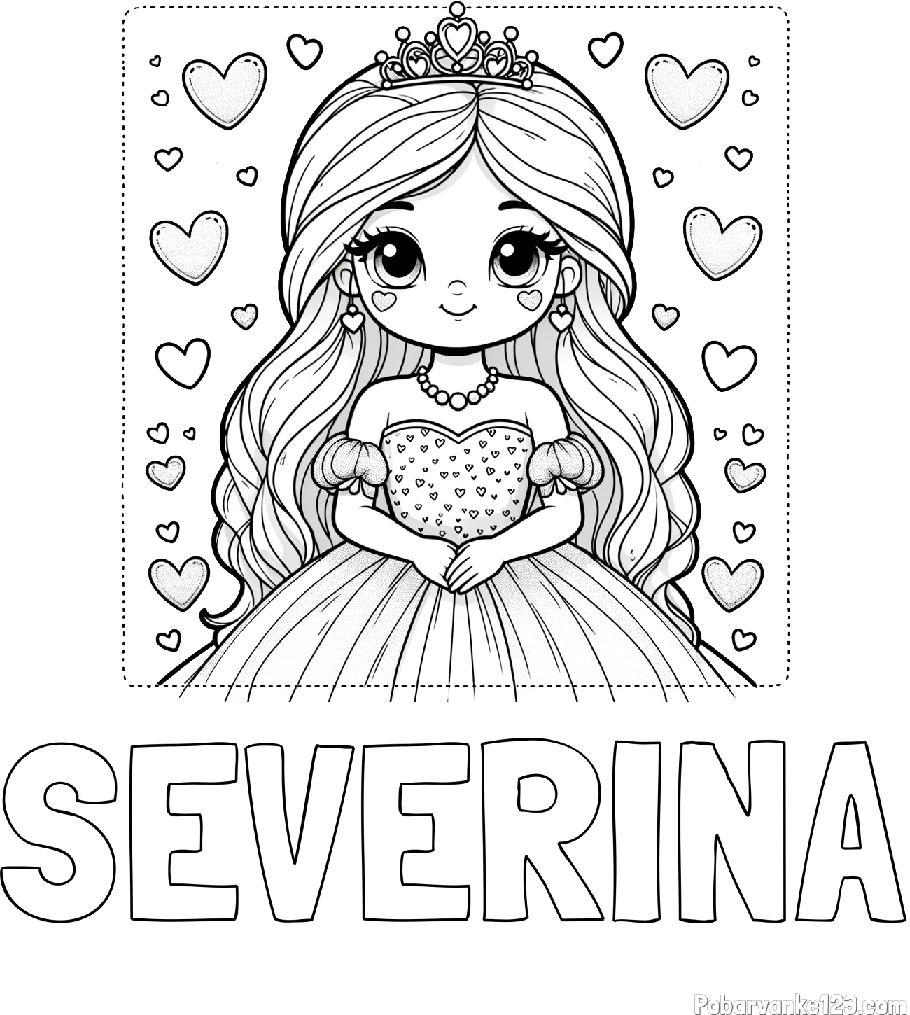 Pobarvanka imena SEVERINA in pobarvanka ljubke princese obdane s srčki