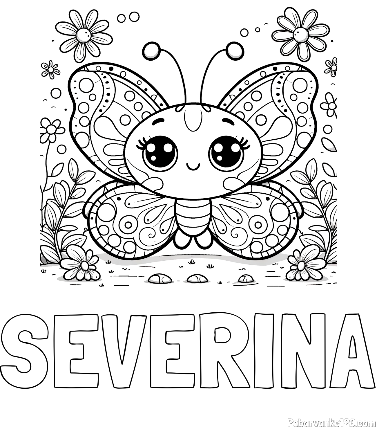 Pobarvanka imena SEVERINA in pobarvanka ljubkega metuljčka