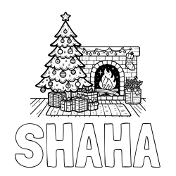 Online izdelana pobarvanka - Pobarvanka imena SHAHA in pobarvanka božične noči z božično smrečico, darili ter kaminom