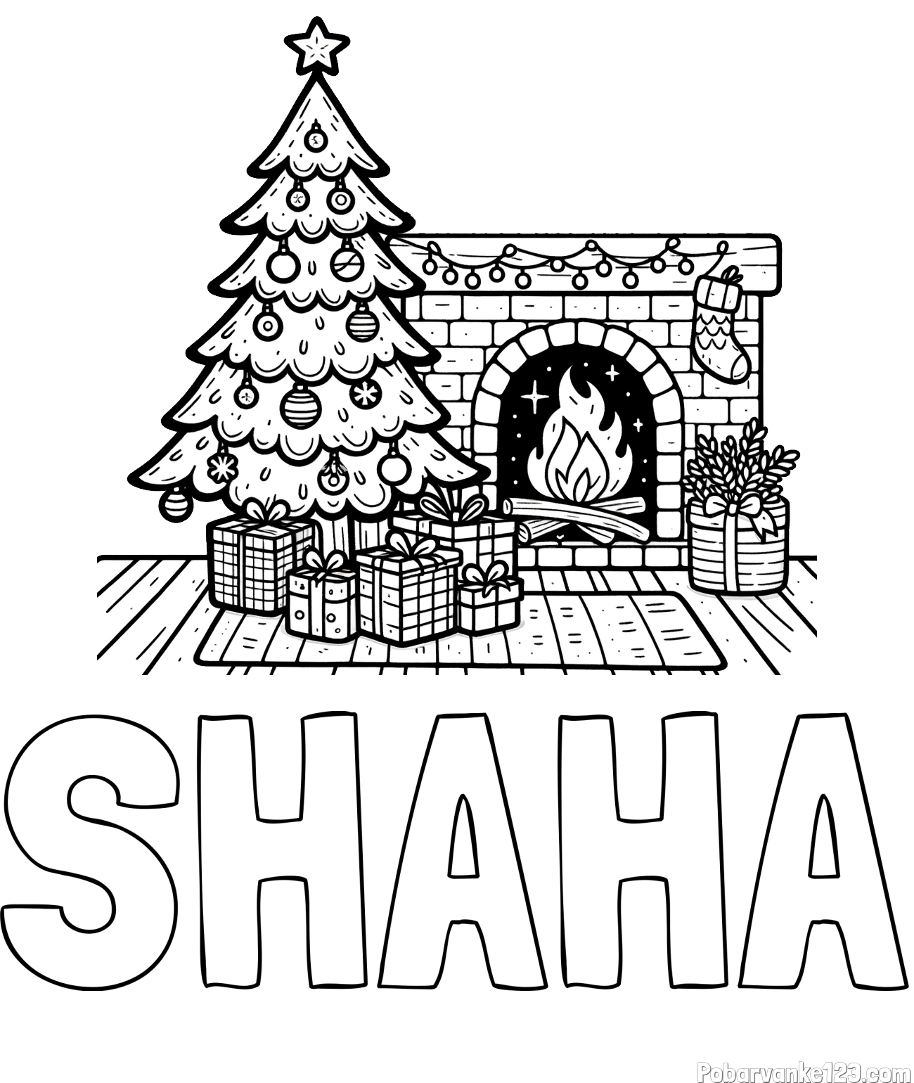 Pobarvanka imena SHAHA in pobarvanka božične noči z božično smrečico, darili ter kaminom