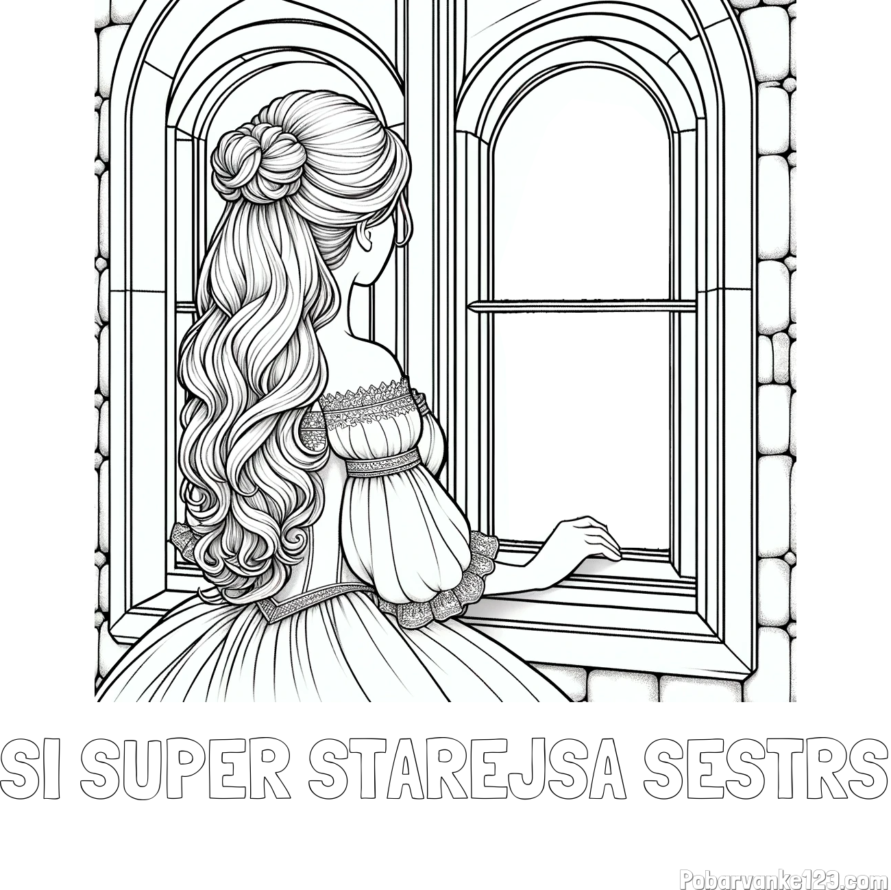 Pobarvanka imena SI SUPER STAREJŠA SESTRS in pobarvanka princese, ki gleda skozi okno
