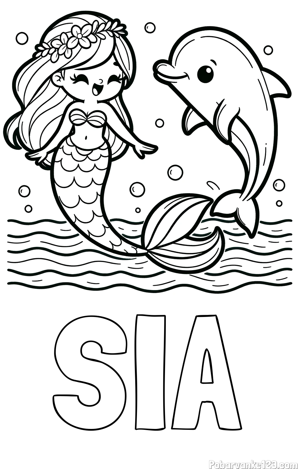 Pobarvanka imena SIA in pobarvanka ljubke morske deklice, ki pleše z delfinom