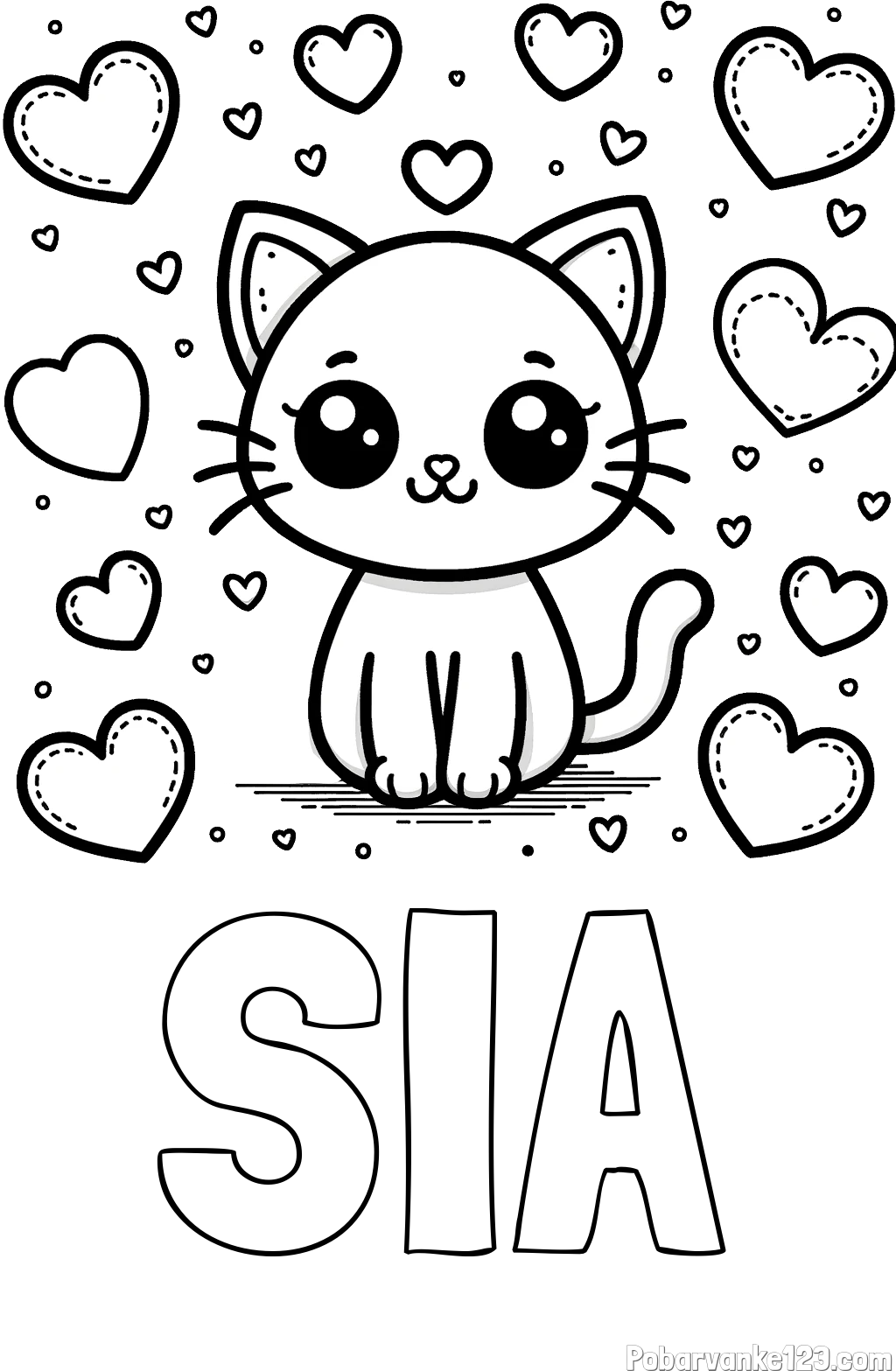 Pobarvanka imena SIA in pobarvanka ljubke mucke obdane z veliko srčki