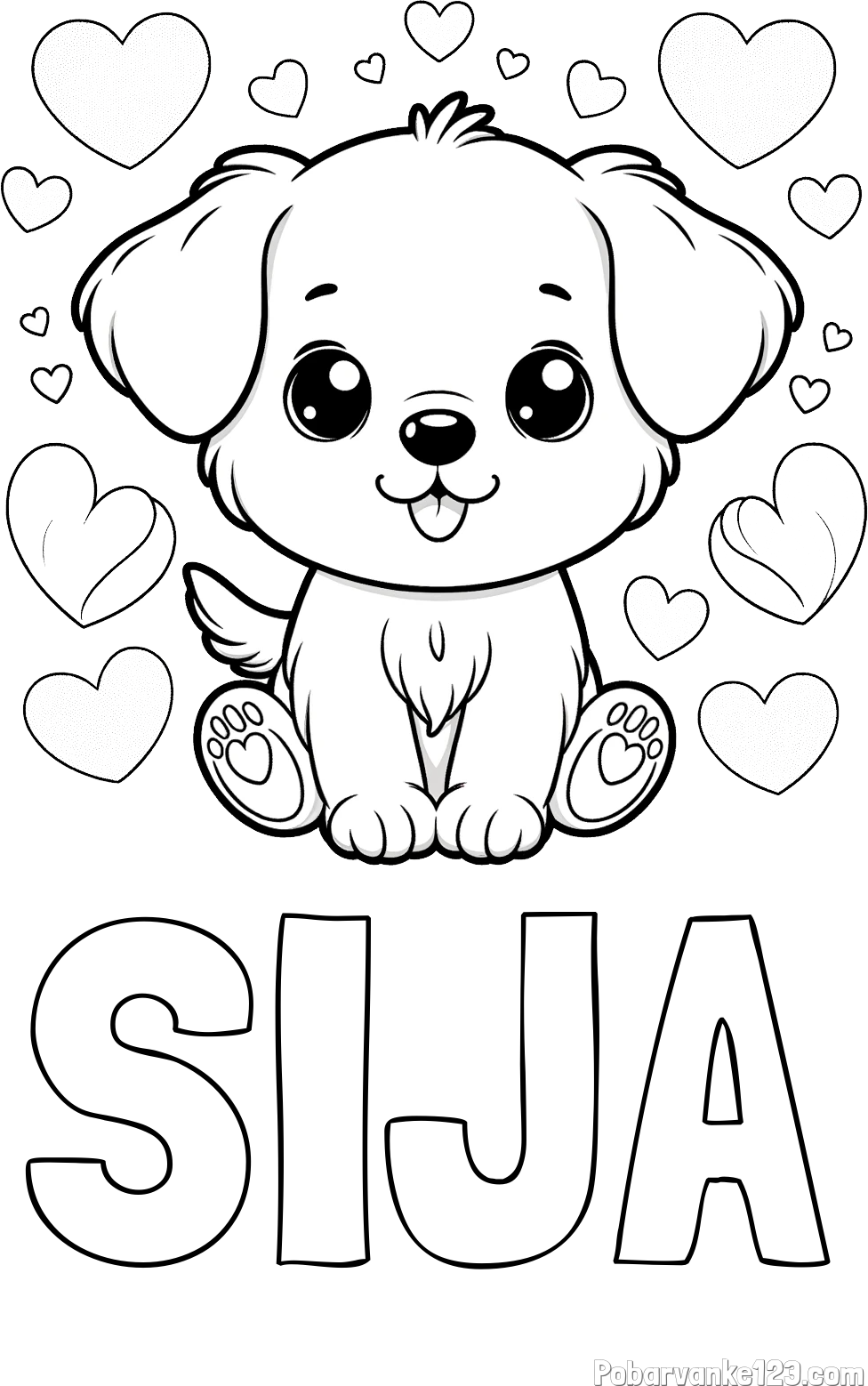 Pobarvanka imena SIJA in pobarvanka ljubkega kužka obdanega s srčki