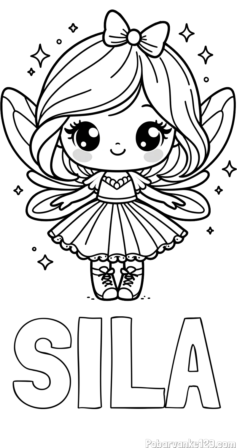 Pobarvanka imena SILA in pobarvanka čarobne vile z ljubkim obrazom