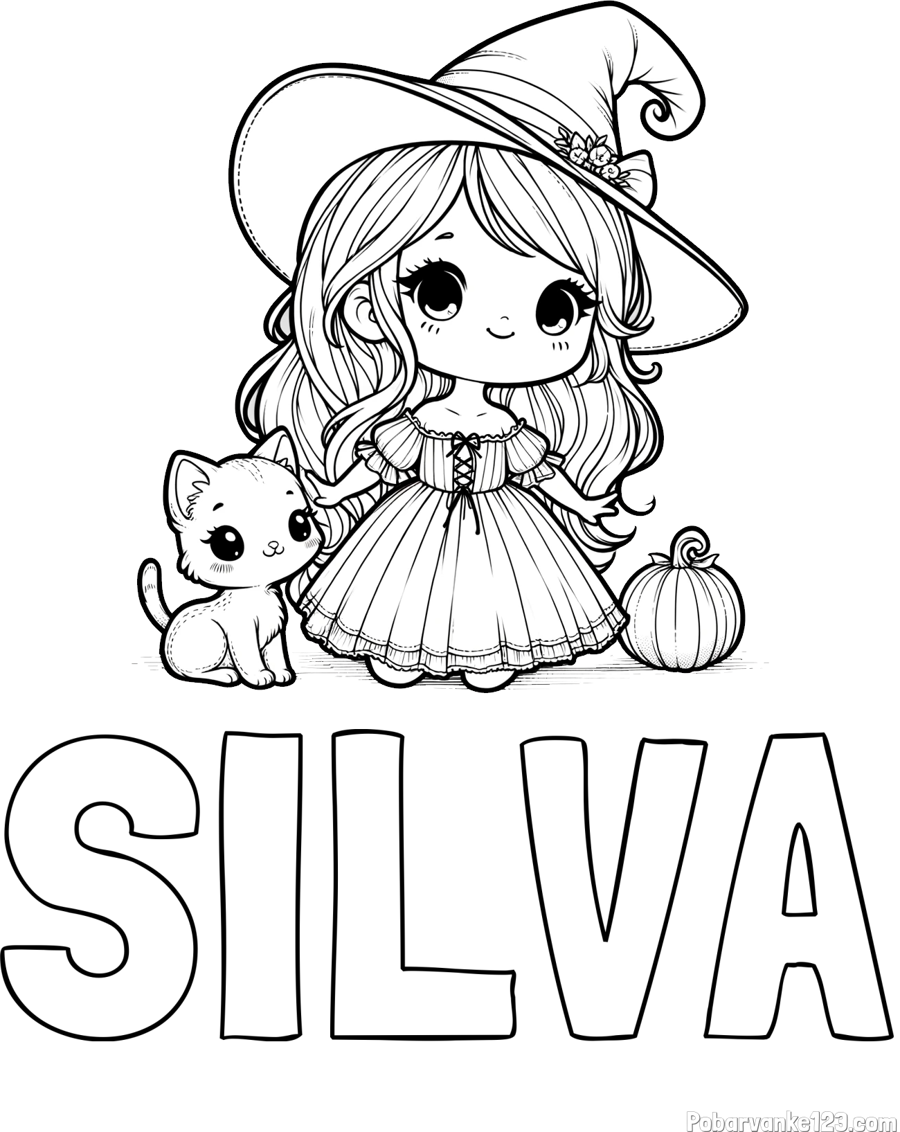 Pobarvanka imena SILVA in pobarvanka ljubke čarovnice, muce in buče