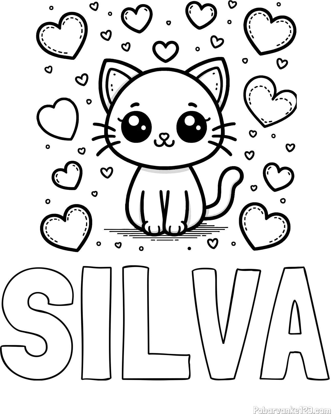 Pobarvanka imena SILVA in pobarvanka ljubke mucke obdane z veliko srčki