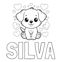 Online izdelana pobarvanka - Pobarvanka imena SILVA in pobarvanka ljubkega kužka obdanega s srčki