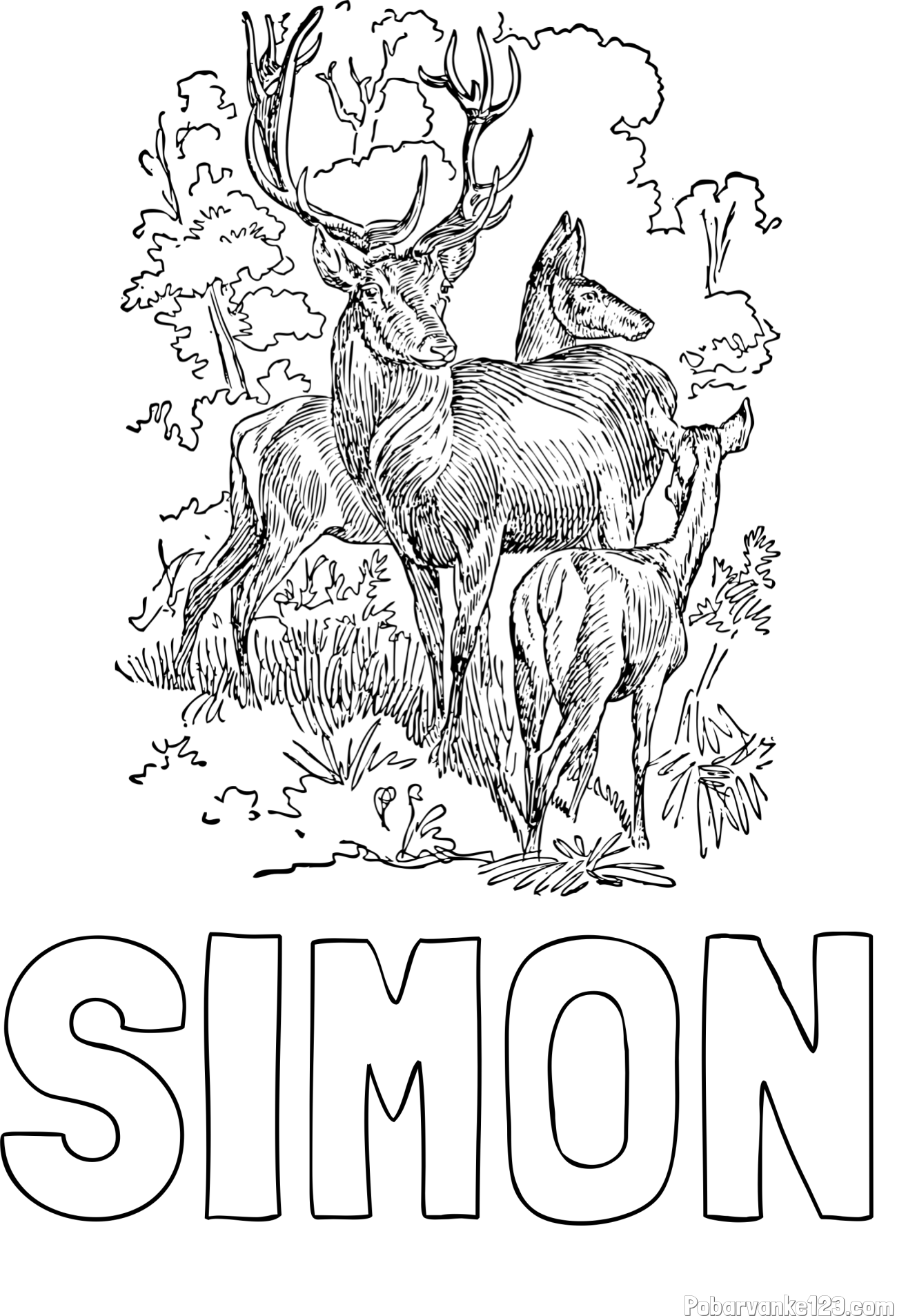 Pobarvanka imena SIMON in pobarvanka jelena, srne ter mladička