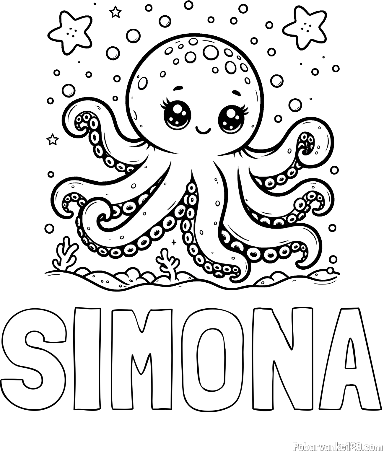 Pobarvanka imena SIMONA in pobarvanka hobotnice v morju obdane z morskimi zvezdami