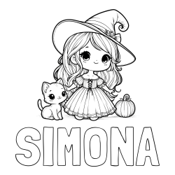 Online izdelana pobarvanka - Pobarvanka imena SIMONA in pobarvanka ljubke čarovnice, muce in buče