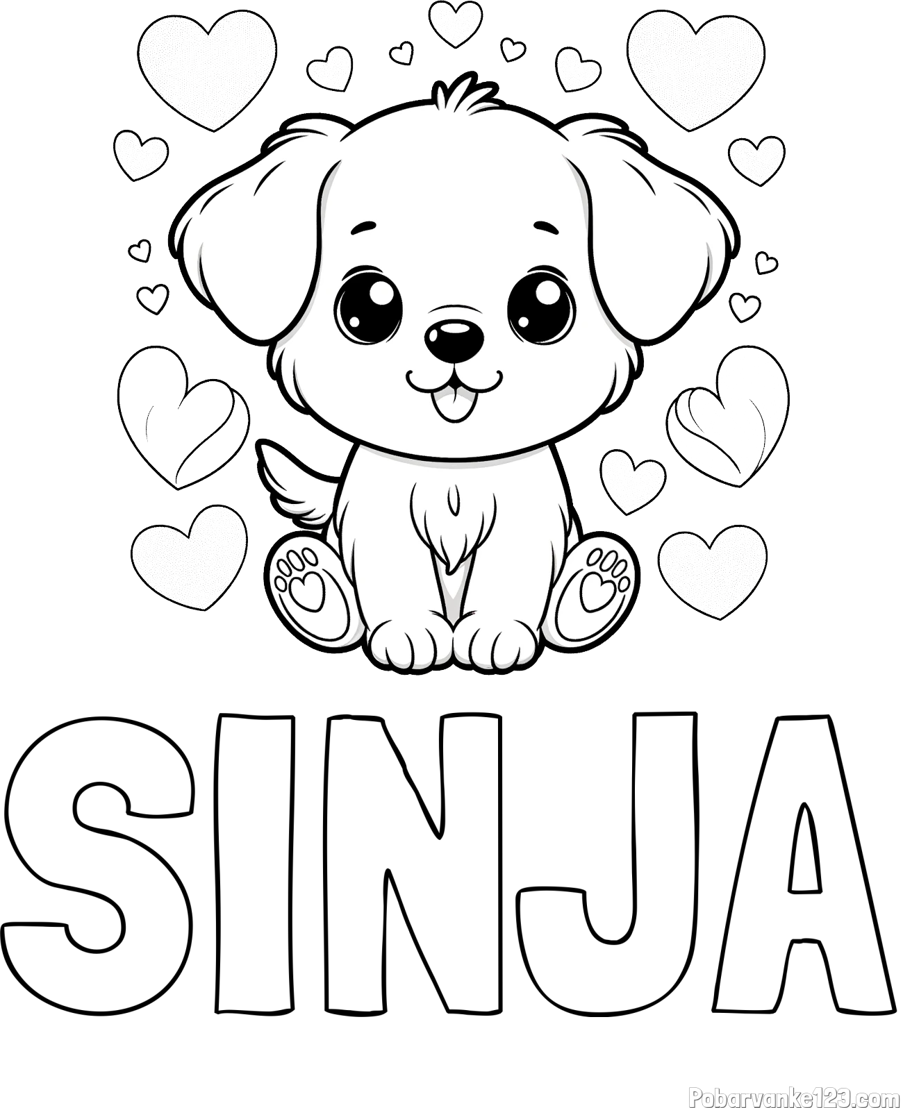 Pobarvanka imena SINJA in pobarvanka ljubkega kužka obdanega s srčki