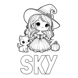 Online izdelana pobarvanka - Pobarvanka imena SKY in pobarvanka ljubke čarovnice, muce in buče
