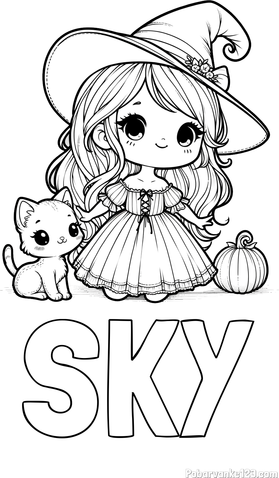 Pobarvanka imena SKY in pobarvanka ljubke čarovnice, muce in buče