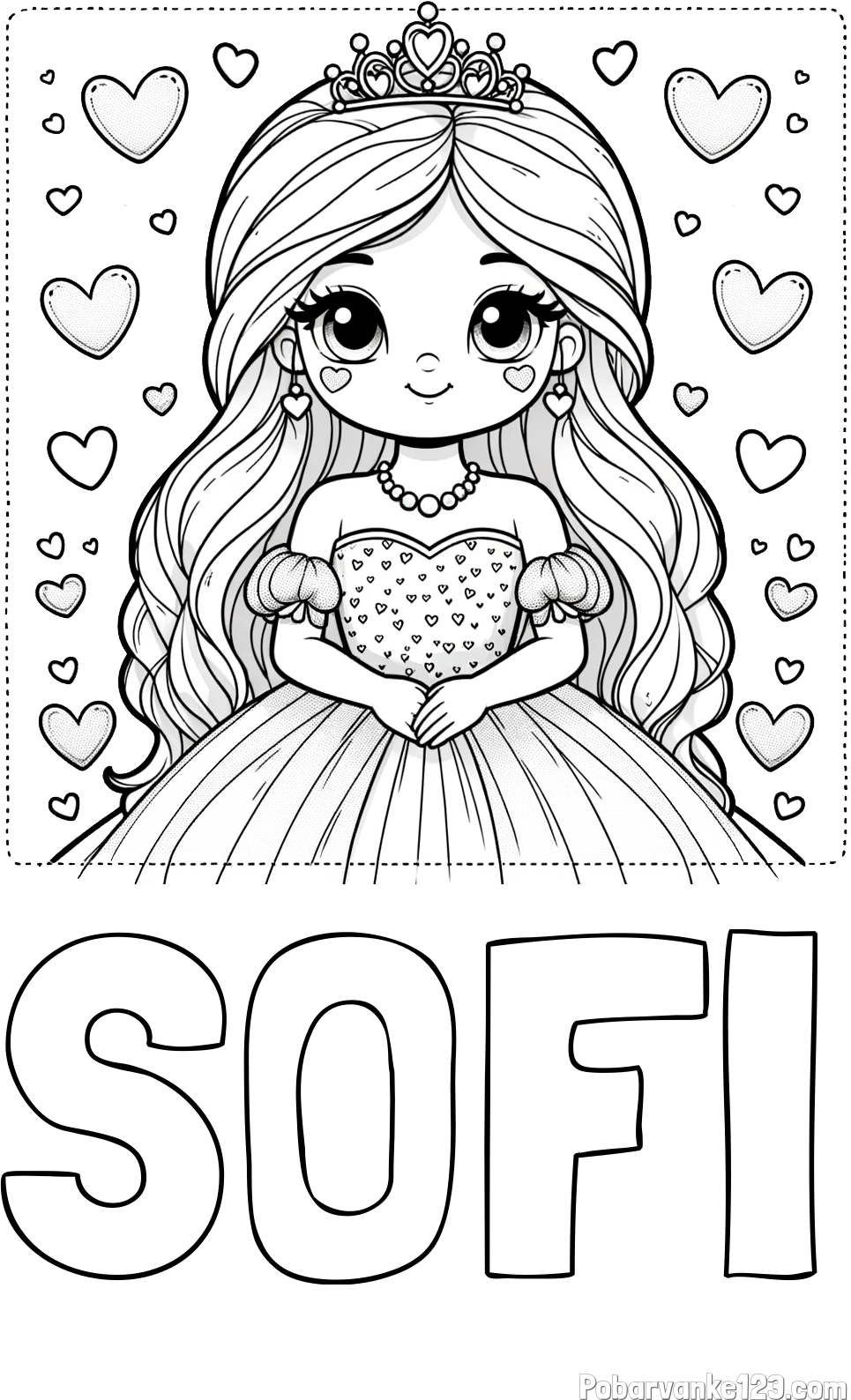 Pobarvanka imena SOFI in pobarvanka ljubke princese obdane s srčki