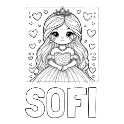 Online izdelana pobarvanka - Pobarvanka imena SOFI in pobarvanka ljubke princese obdane s srčki