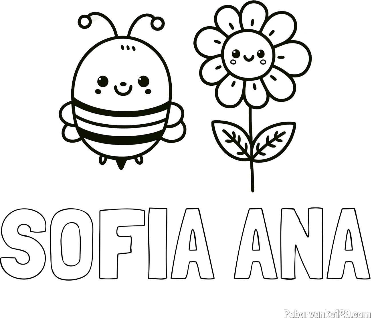 Pobarvanka imena SOFIA ANA in pobarvanka ljubke čebelice in nasmejane rože